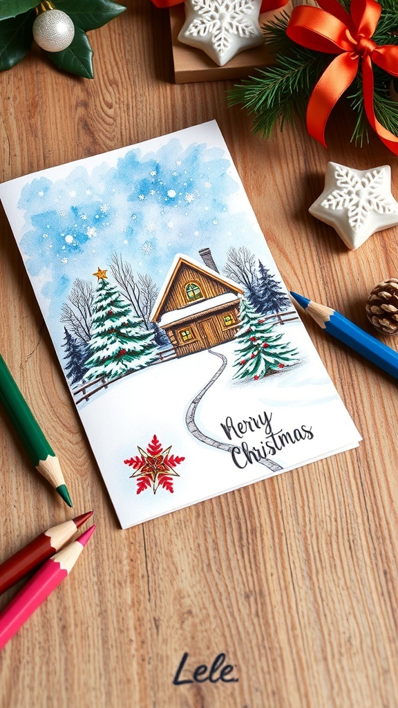 Hand-drawn Christmas card with a snowy scene, cabin, and Christmas tree on a wooden table.
